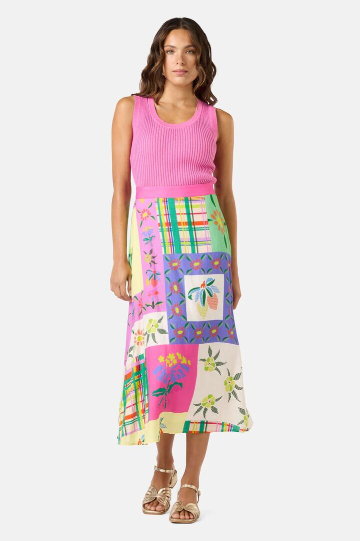 Image of a model wearing Skirts. Product name - Stencil Garden Print Skirt in Print colour by brand - Gorman
