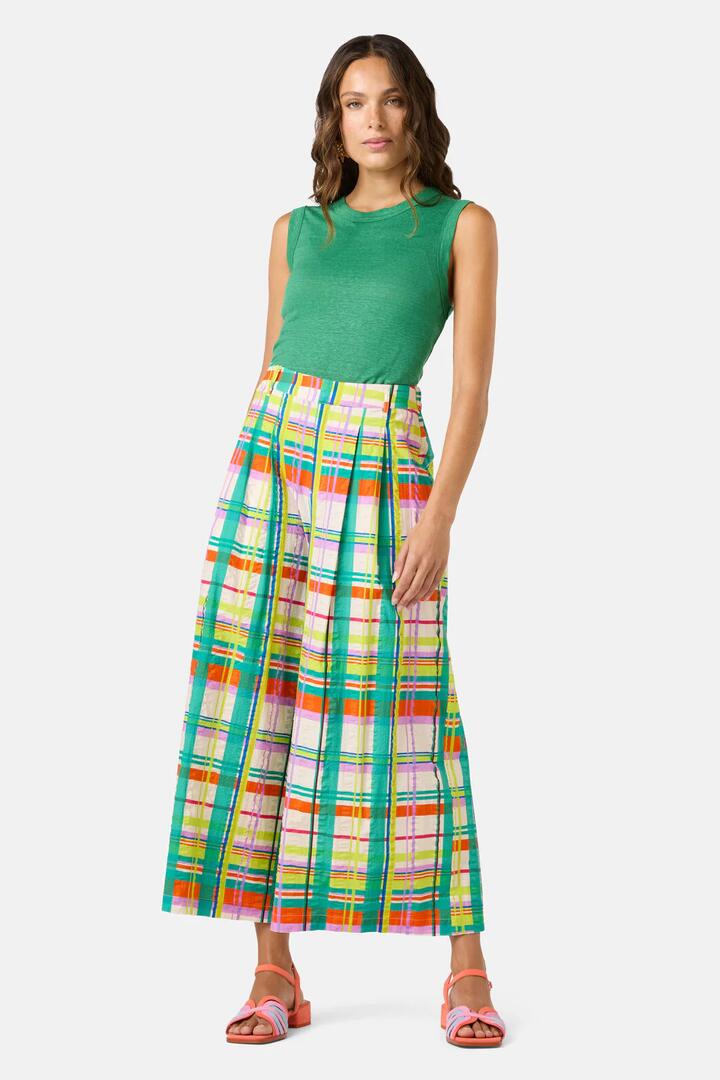 Image of a model wearing Skirts. Product name - Geo Pop Check Skort in Print colour by brand - Gorman
