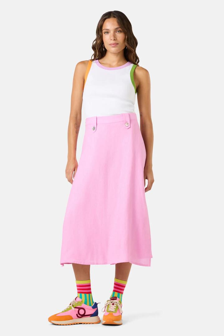 Image of a model wearing Skirts. Product name - Summer Linen Tomasa Skort in Pink colour by brand - Gorman