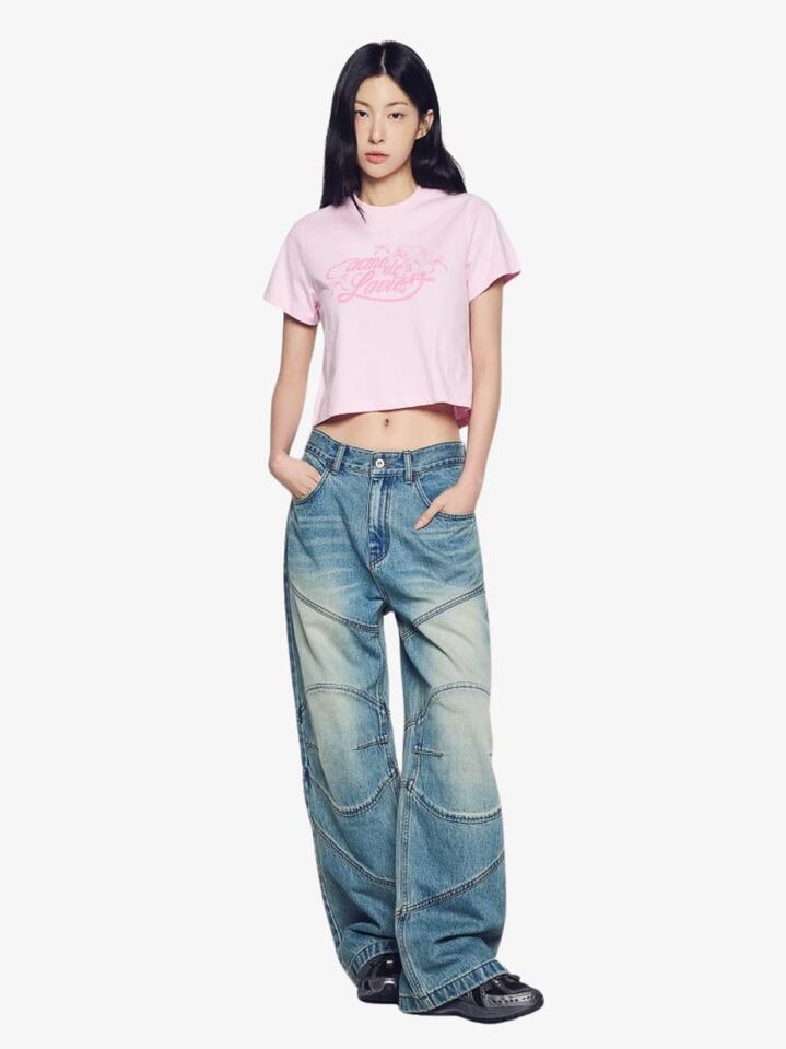 Image of a model wearing Tops. Productname: ADLV Women's Mirror Ac Bear Crop T-Shirt in Light Pink colour by brand - ADLV