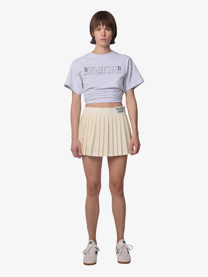 Image of a model wearing Outerwear. Productname: West Hollywood Sweat Club Racquet Club Classic Tee in Snow colour by brand - West Hollywood Sweat Club