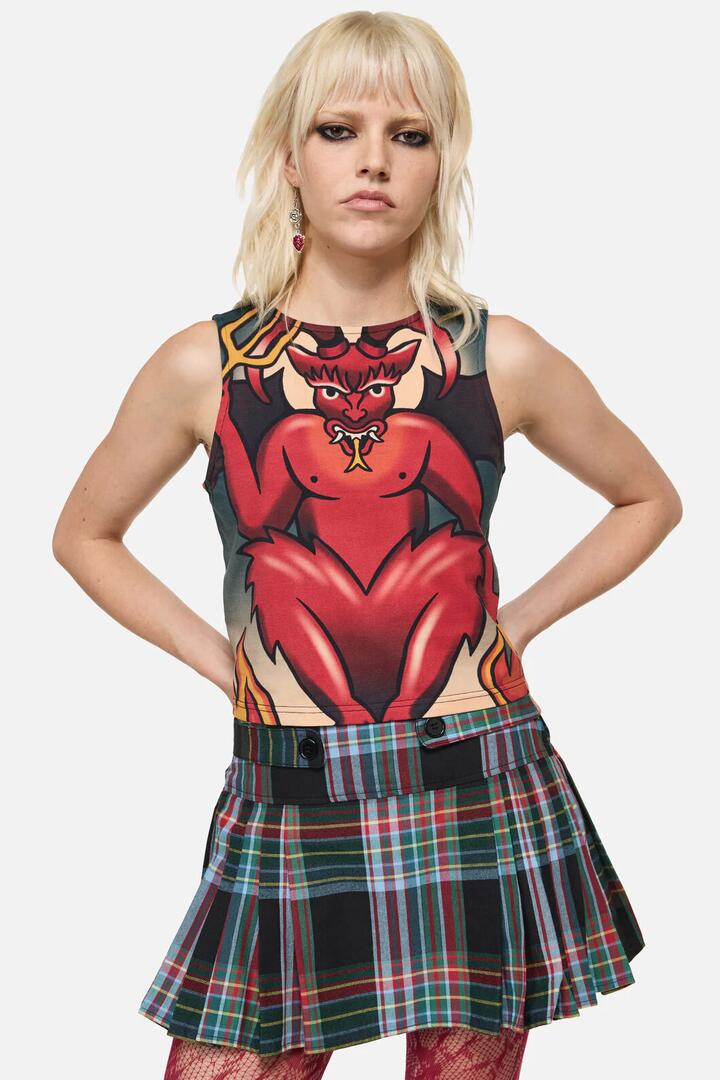 Image of a model wearing Tops. Product name - Lucifer High Neck Goth Tank Top in Multi colour by brand - Dangerfield