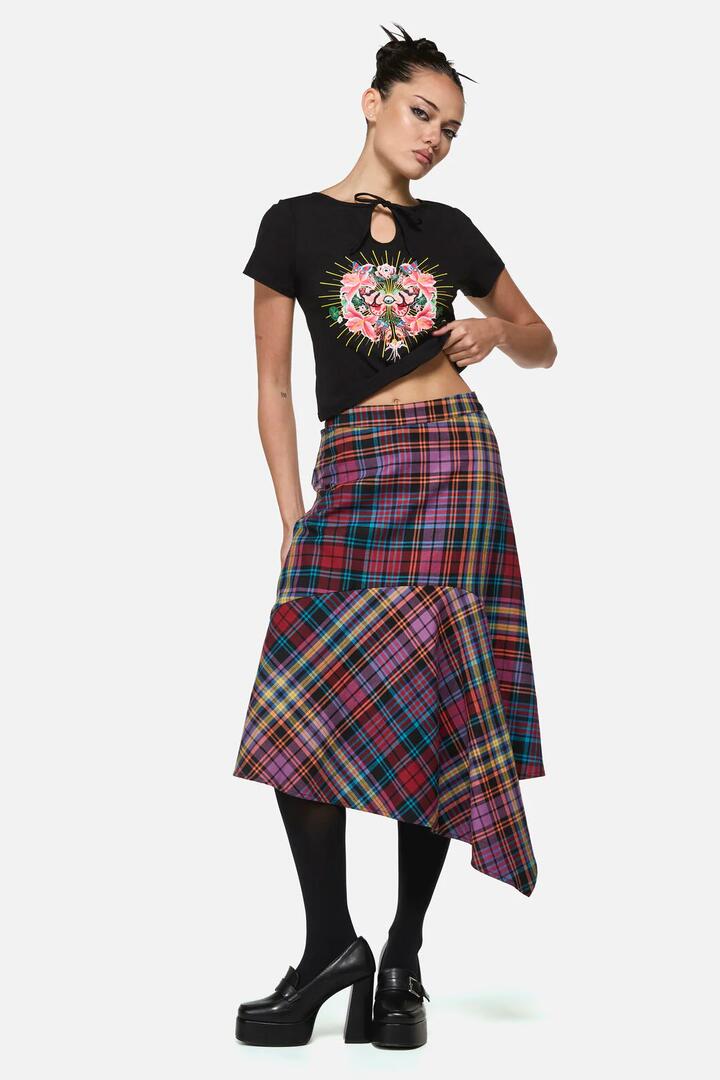 Image of a model wearing Skirts. Product name - Nightminds Tartan Midi Skirt in Multi colour by brand - Black Friday