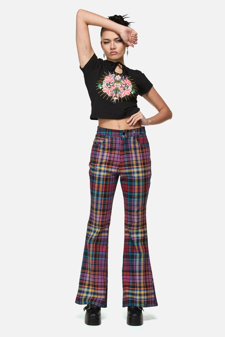 Image of a model wearing Pants. Product name - Nightminds Tartan Flare Pant in Multi colour by brand - Black Friday