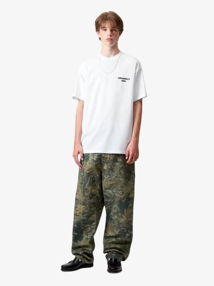 Image of a model wearing Shorts. Productname: Carhartt Wip Short Sleeve Wiptopia T-Shirt in White colour by brand - Carhartt Wip