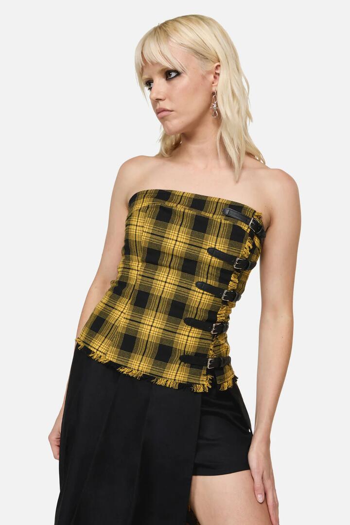 Image of a model wearing Tops. Product name - Tai Tartan Strapless Top in Yellow colour by brand - Dangerfield