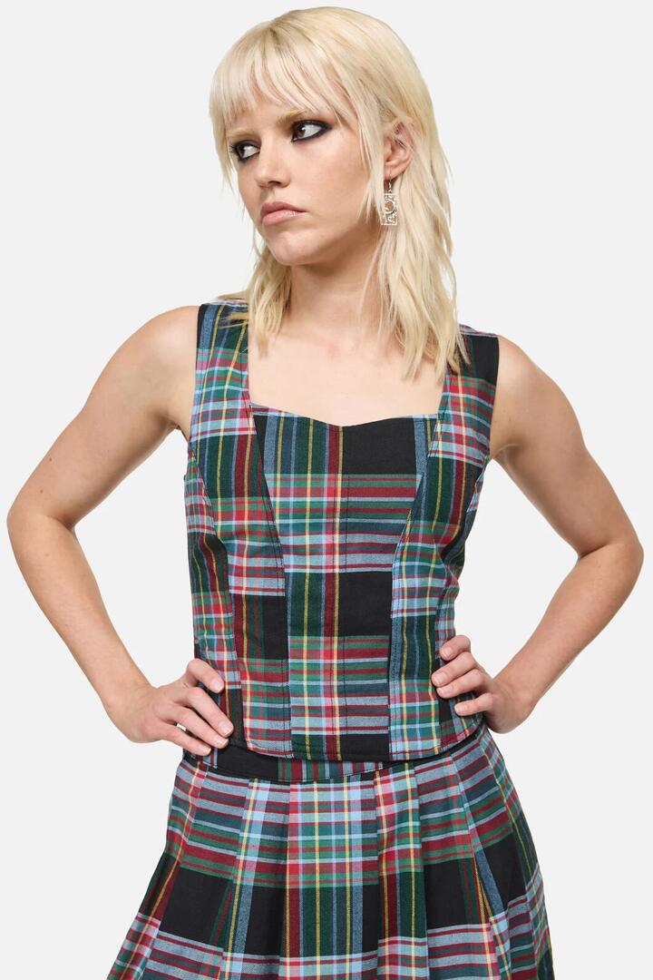 Image of a model wearing Tops. Product name - Hermit Goth Tartan Corset Top in Multi colour by brand - Dangerfield
