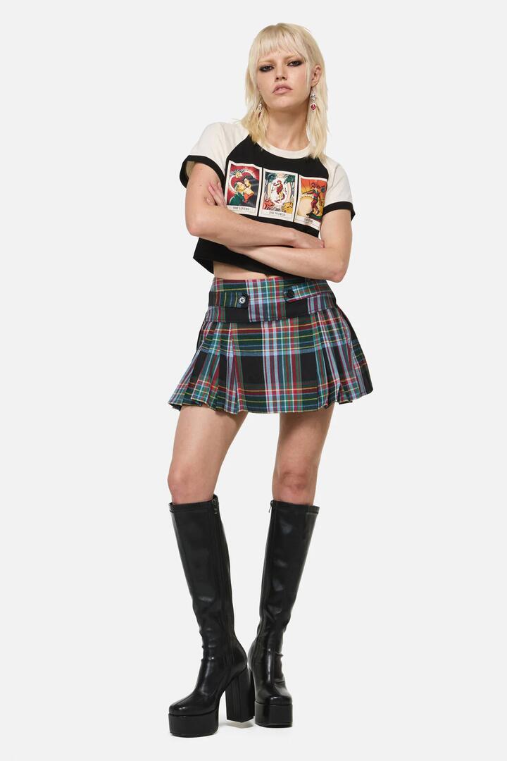 Image of a model wearing Skirts. Product name - Hermit Goth Tartan Skort in Multi colour by brand - Dangerfield