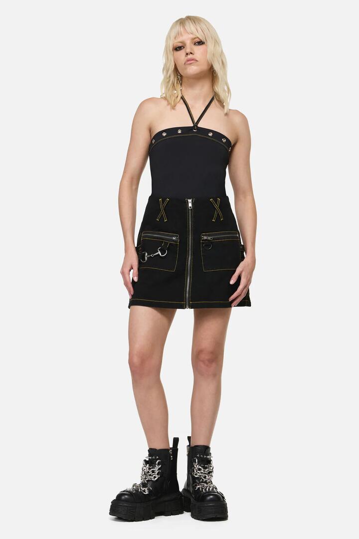 Image of a model wearing Skirts. Product name - Electric Punk Trim Skort in Black colour by brand - Dangerfield