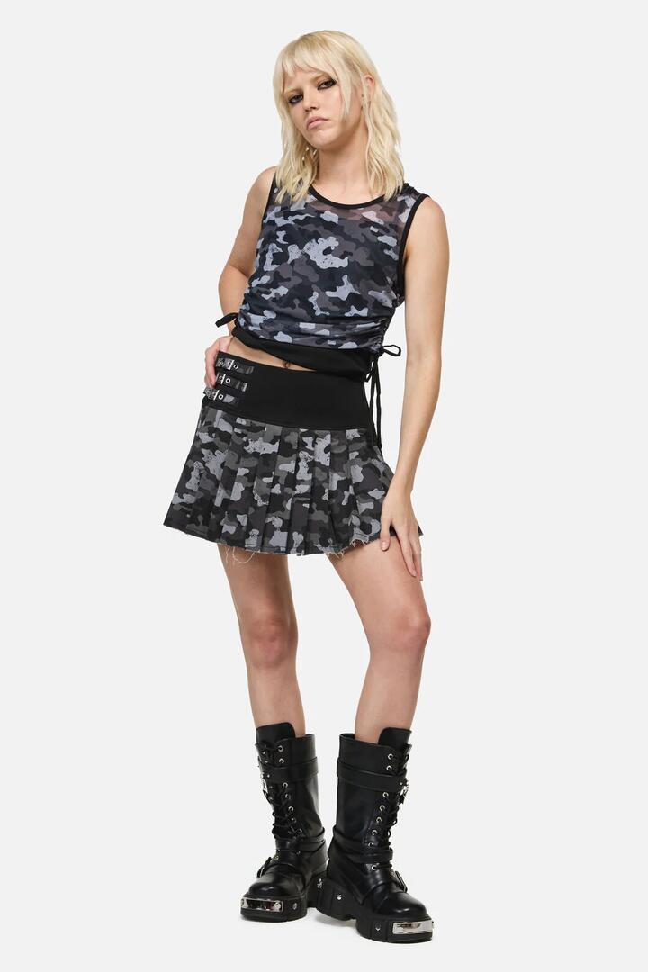 Image of a model wearing Skirts. Product name - Disruptive Camo Skort in Grey/Black colour by brand - Dangerfield