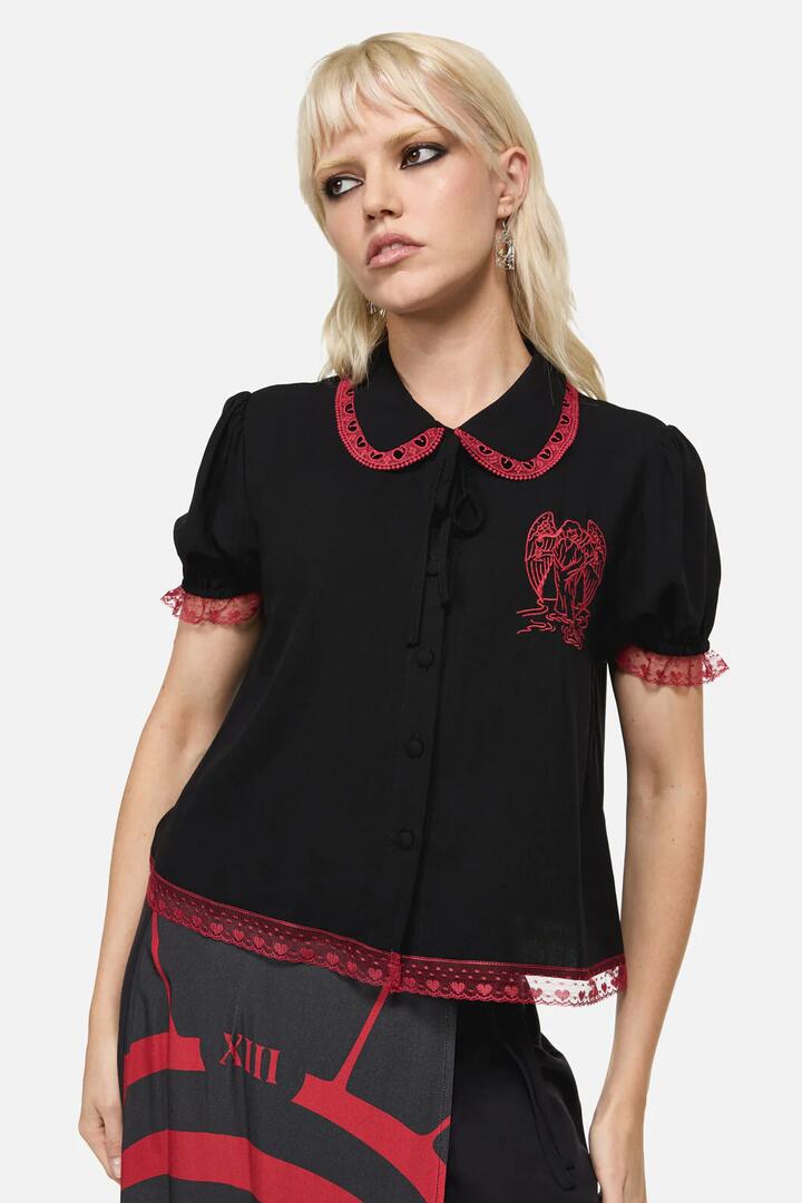 Image of Blouses. Product name - Temperance Goth Print Blouse in Black colour by brand - Dangerfield