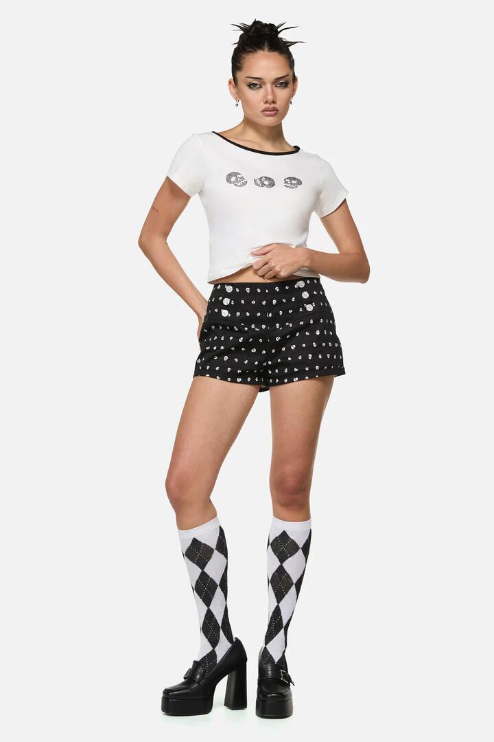 Image of a model wearing Shorts. Product name - Cranium Goth Sailor Short in Black colour by brand - Black Friday