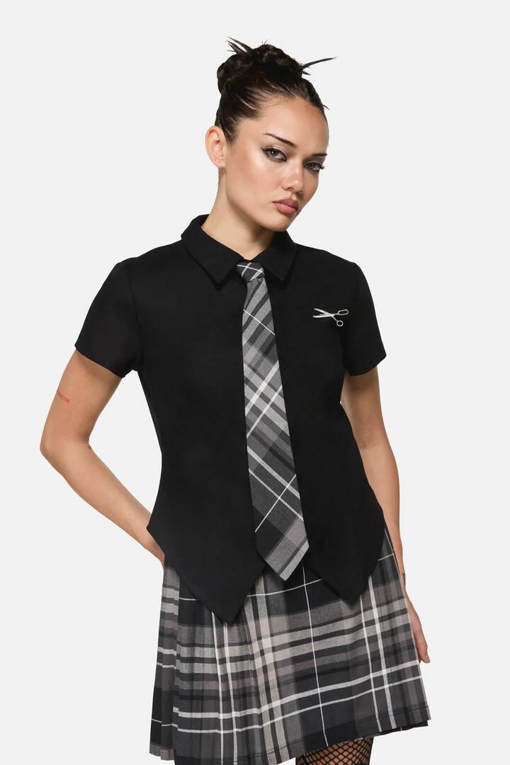 Image of Blouses. Product name - Snips Tie Trim Goth Blouse in Black colour by brand - Black Friday