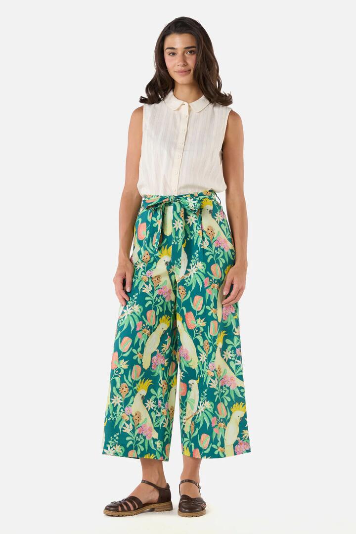 Image of a model wearing Pants. Product name - Cockatoo & Flora Culotte in Teal colour by brand - Princess Highway