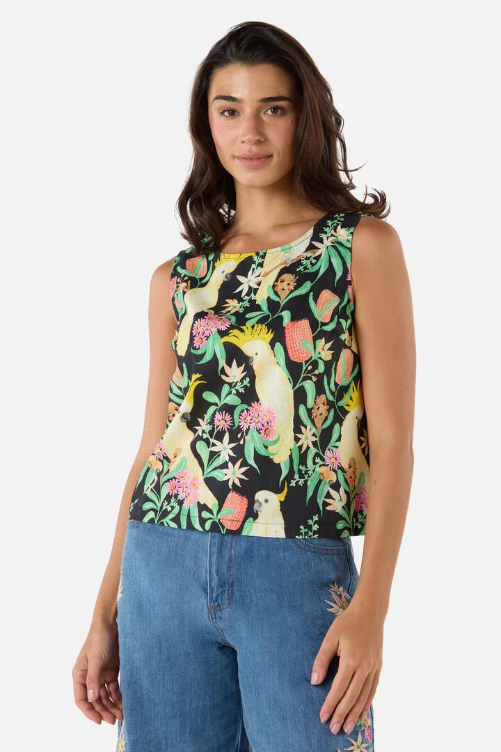 Image of a model wearing Tops. Product name - Cockatoo & Flora Shell Top in Black colour by brand - Princess Highway