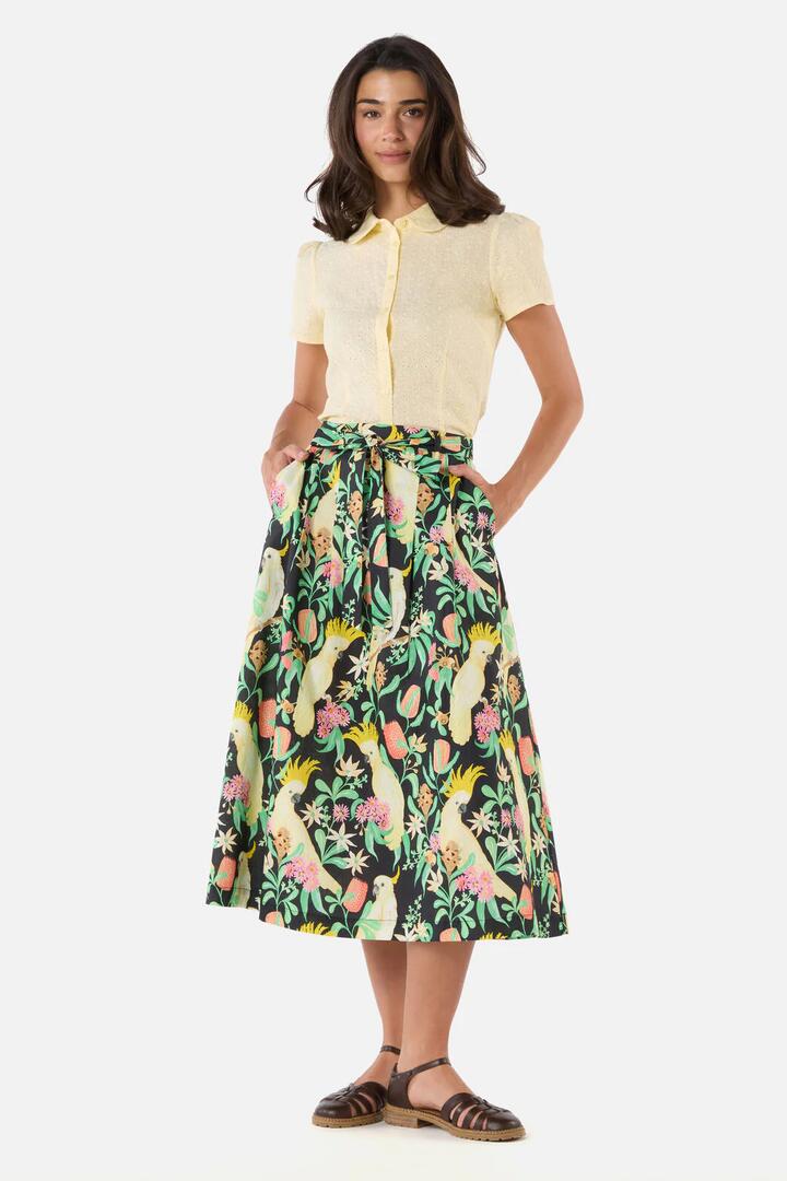 Image of a model wearing Skirts. Productname: Cockatoo & Flora Midi Skirt in Black colour by brand - Princess Highway