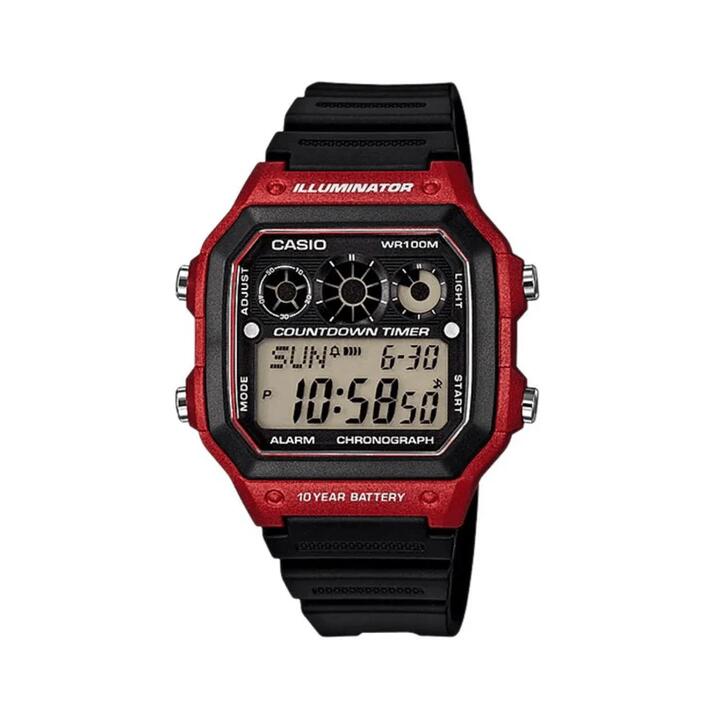 Image of Watches. Productname: Casio Digital Black and Red Watch AE1300WH-4A in Watch colour by brand - Bevilles