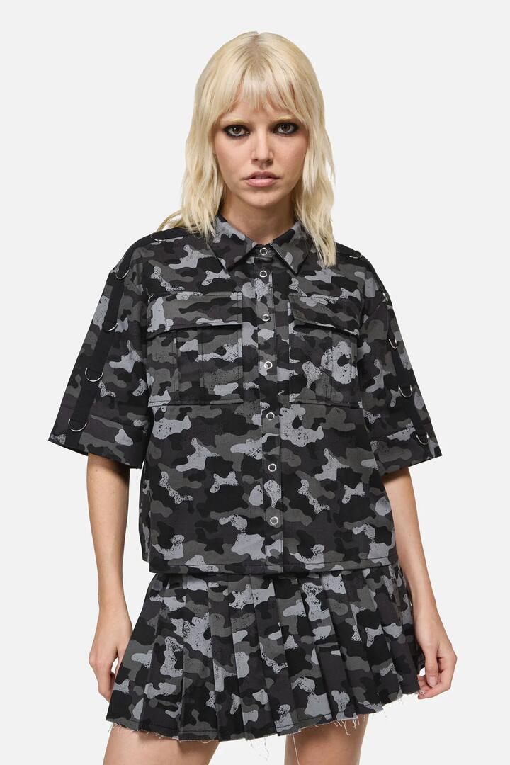 Image of Shirts. Productname: Disruptive Camo Boxy Crop Shirt in Grey/Black colour by brand - Dangerfield