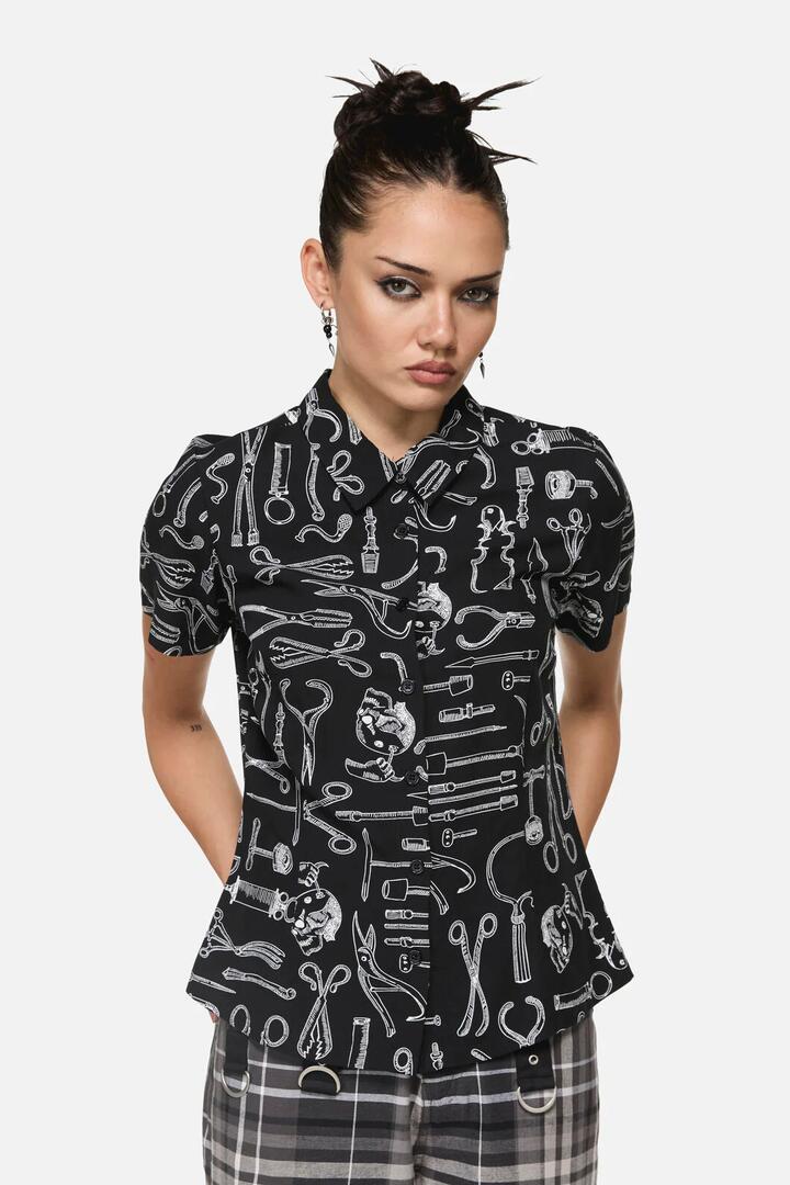 Image of Blouses. Product name - Barbaric Goth Print Blouse in Black/White colour by brand - Black Friday