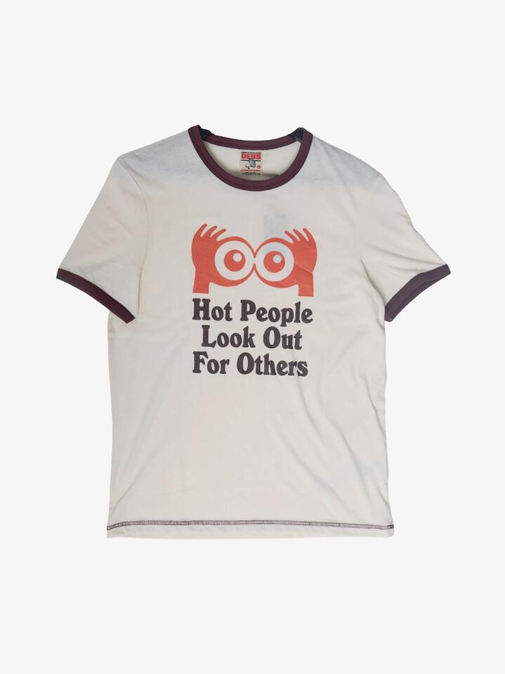 Image of a model wearing Tops. Productname: Deus Hot People Ringer Tee in Dirty White/Brown colour by brand - Deus