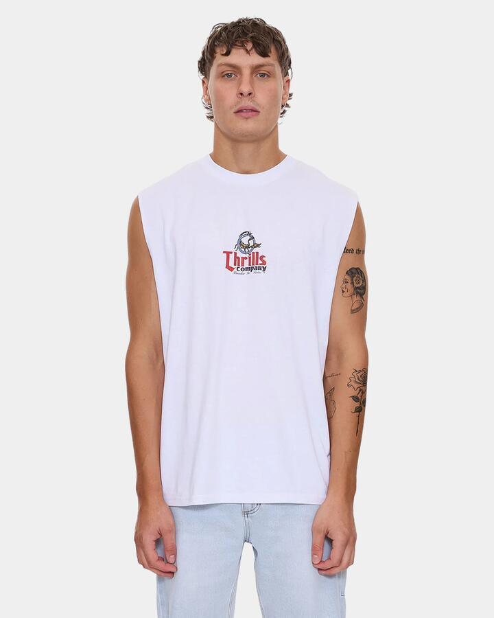 Image of a model wearing Tops. Productname: thrills - Mens Banquet Muscle - White - in White colour by brand - thrills