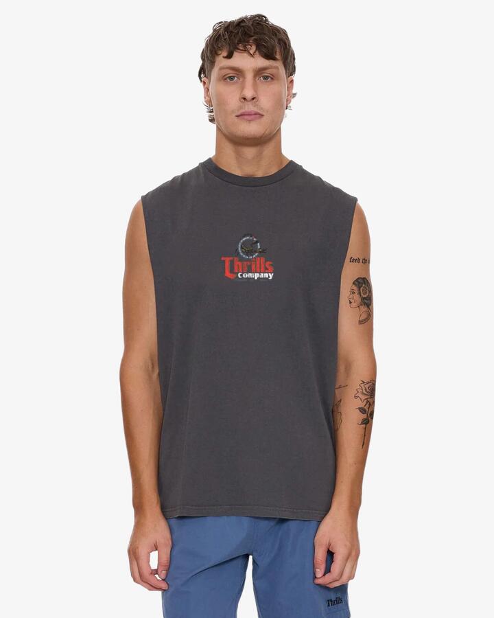 Image of a model wearing Tops. Product name - Thrills Mens Banquet Muscle Merch Black in Merch Black colour by brand - Thrills
