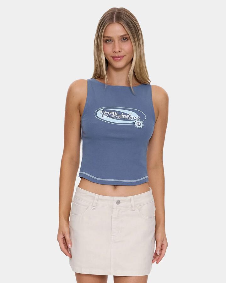 Image of a model wearing Tops. Product name - Thrills Womens Track Record Tank Top Bluefin in Bluefin colour by brand - Thrills