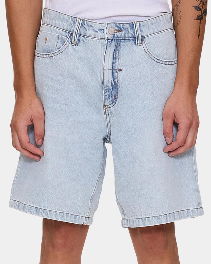Image of a model wearing Shorts. Productname: thrills - Mens Slacker Mid Denim Shorts - Light Dusk - in Light Dusk colour by brand - thrills
