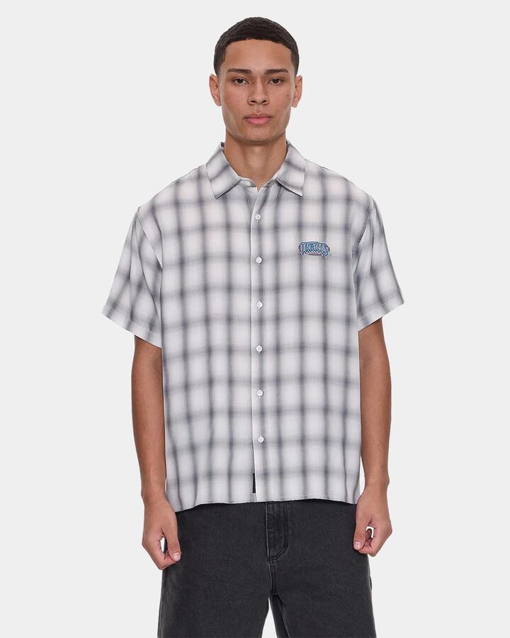 Image of a model wearing Tops. Productname: thrills - Mens Lair Cropper Short Sleeve Shirt - White - in White colour by brand - thrills