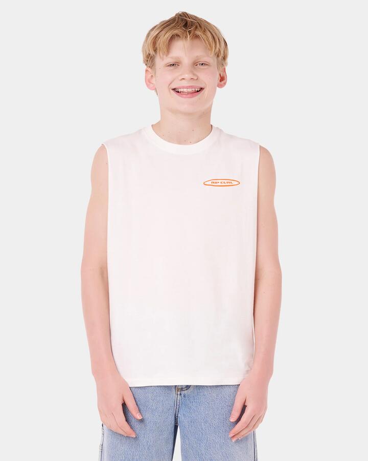 Image of a model wearing Tops. Product name - Rip Curl Boys 8-16 Island Paradiso Muscle Bone in Bone colour by brand - Rip Curl