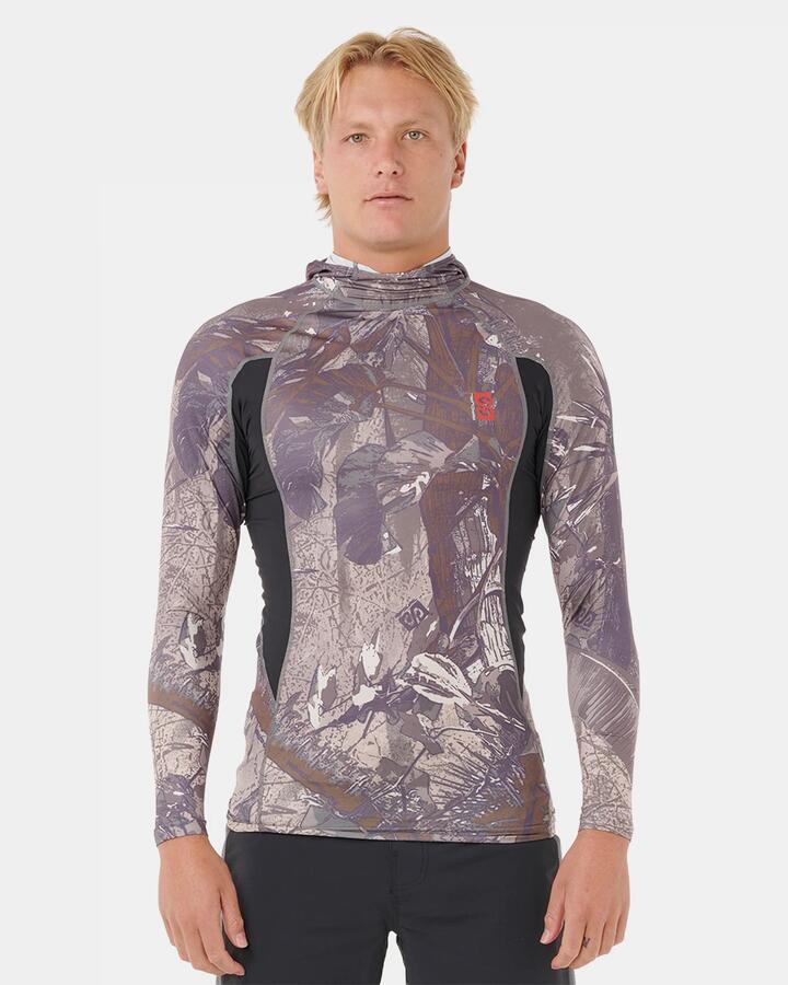 Image of a model wearing Tops. Productname: rip Curl - Mens Search Upf Performance Hood Long Sleeve Rash Vest - Cactus - in Cactus colour by brand - rip Curl