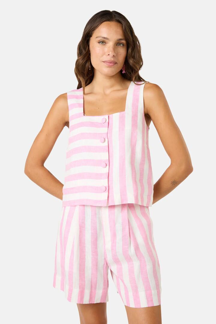 Image of a model wearing Tops. Product name - Amara Stripe Linen Tank in Yellow colour by brand - Gorman