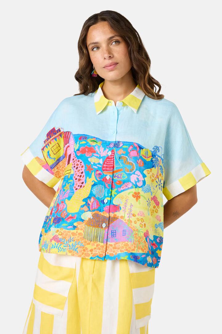 Image of a model wearing Tops. Productname: Fish Ahoy Print Linen Shirt in Print colour by brand - Gorman