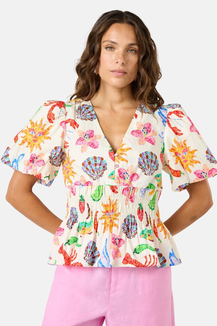 Image of a model wearing Tops. Product name - Mosaic Mile Poplin Top in Print colour by brand - Gorman