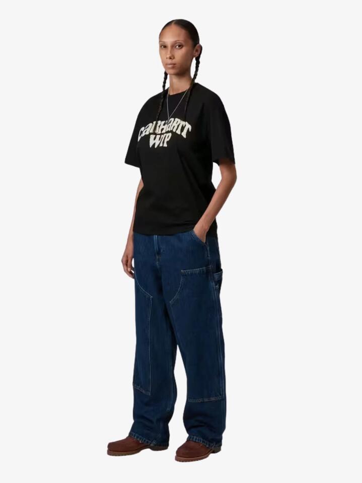 Image of a model wearing Tops. Productname: Carhartt Wip Womenâs Short Sleeve Guide Club T-Shirt in Black Heavy Stone Washed colour by brand - Carhartt Wip