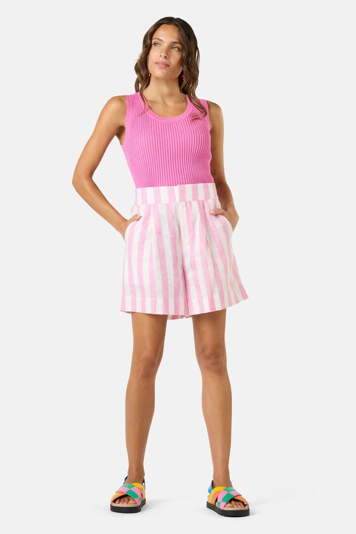 Image of a model wearing Shorts. Product name - Amara Stripe Linen Short in Pink colour by brand - Gorman