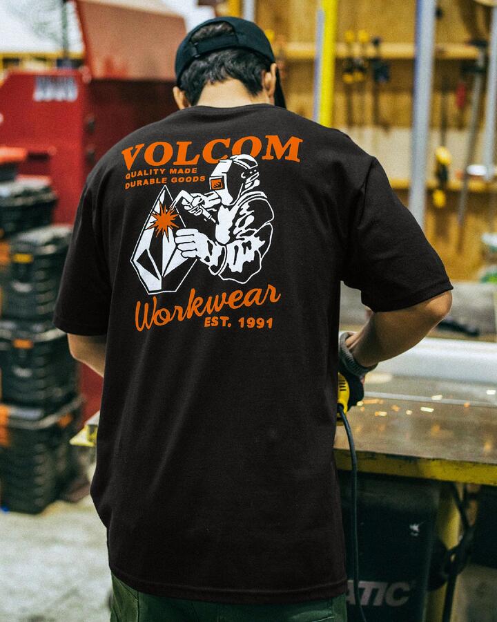 Image of a model wearing Uniforms & Workwear. Productname: Volcom Mens Workwear Welder T-Shirt Black - in Black colour by brand - Volcom