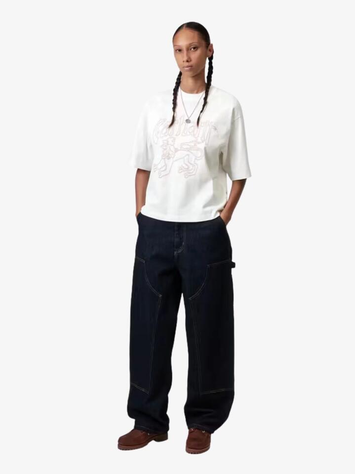 Image of a model wearing Tops. Productname: Carhartt Wip Womenâs Short Sleeve Hackwork T-Shirt in White/ Cardinal colour by brand - Carhartt Wip