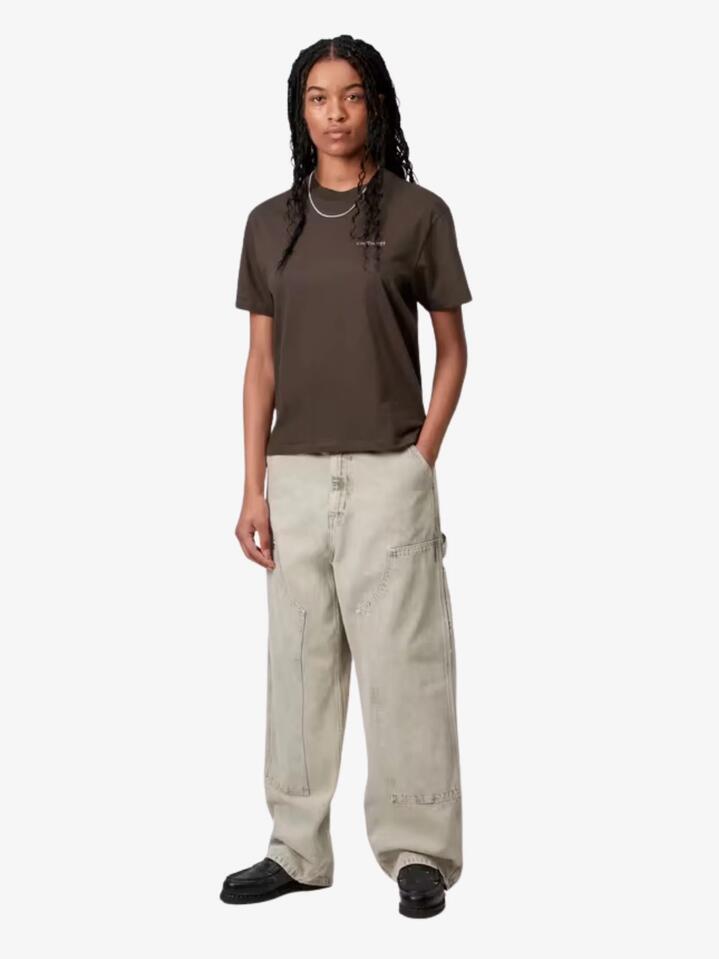 Image of a model wearing Tops. Productname: Carhartt Wip Women's Short Sleeve Script Embroidery T-Shirt in Vitola/ Phlox colour by brand - Carhartt Wip