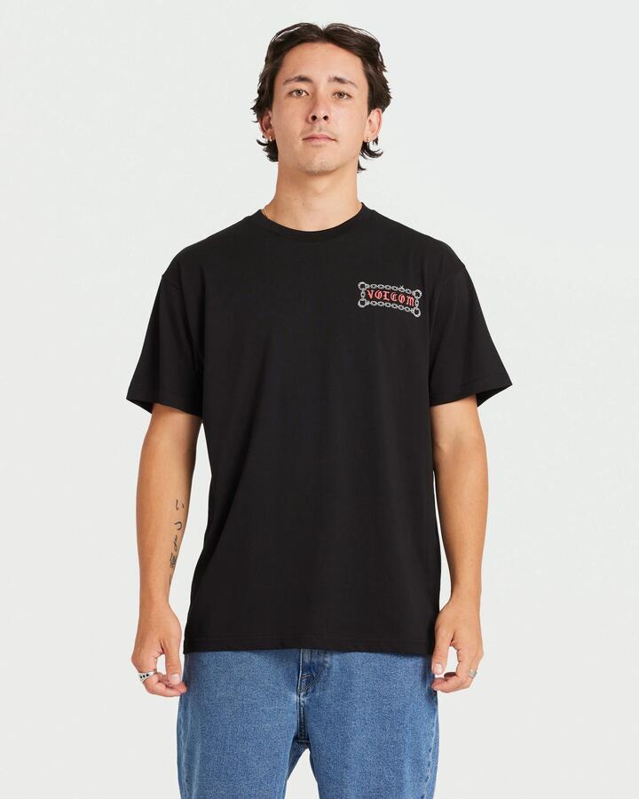 Image of a model wearing Tops. Productname: Volcom Mens Featured Artist Daniel Shepard Unlocked T-Shirt Black - in Black colour by brand - Volcom