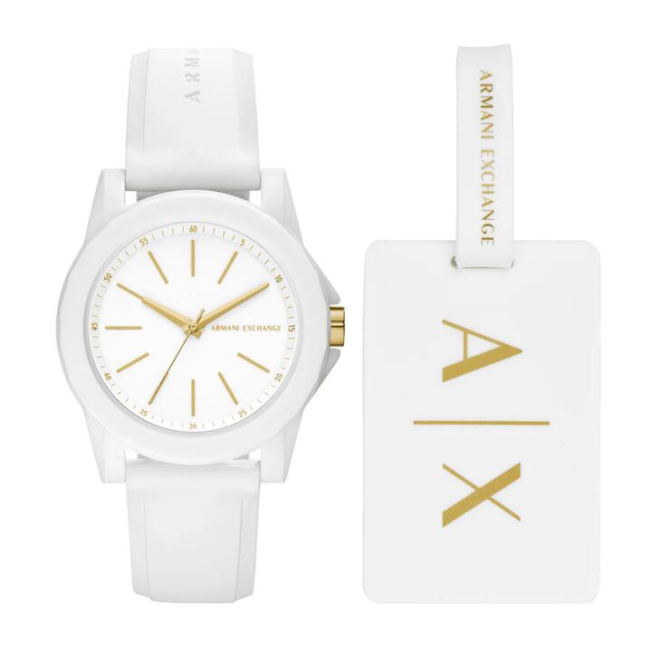 Image of Watches. Productname: Armani Exchange Three-Hand White Silicone Watch and Luggage Tag Gift Set AX7126 in Watch colour by brand - Armani Exchange