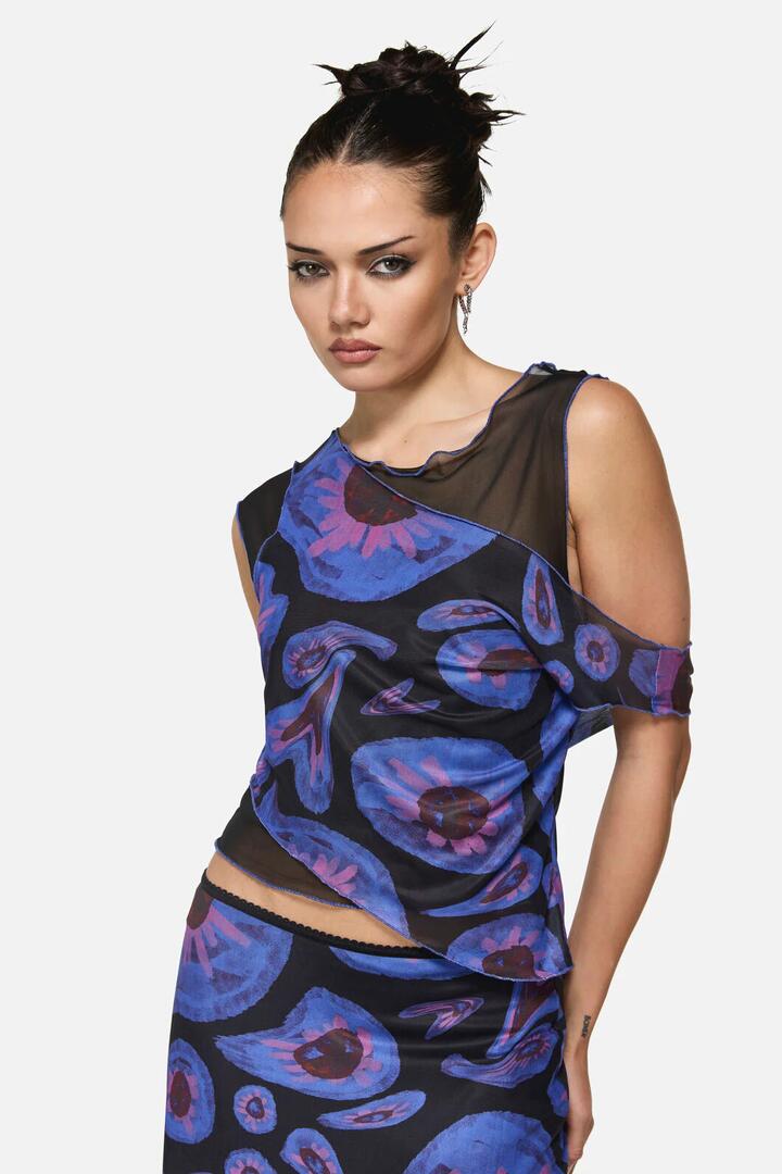 Image of a model wearing Tops. Productname: Unseen Geo Layer Mesh Top in Multi colour by brand - Black Friday