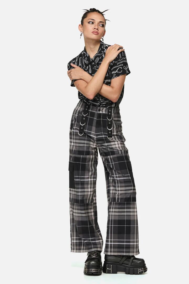 Image of a model wearing Pants. Productname: Lovett Goth Tartan Cargo Pant in Grey colour by brand - Black Friday