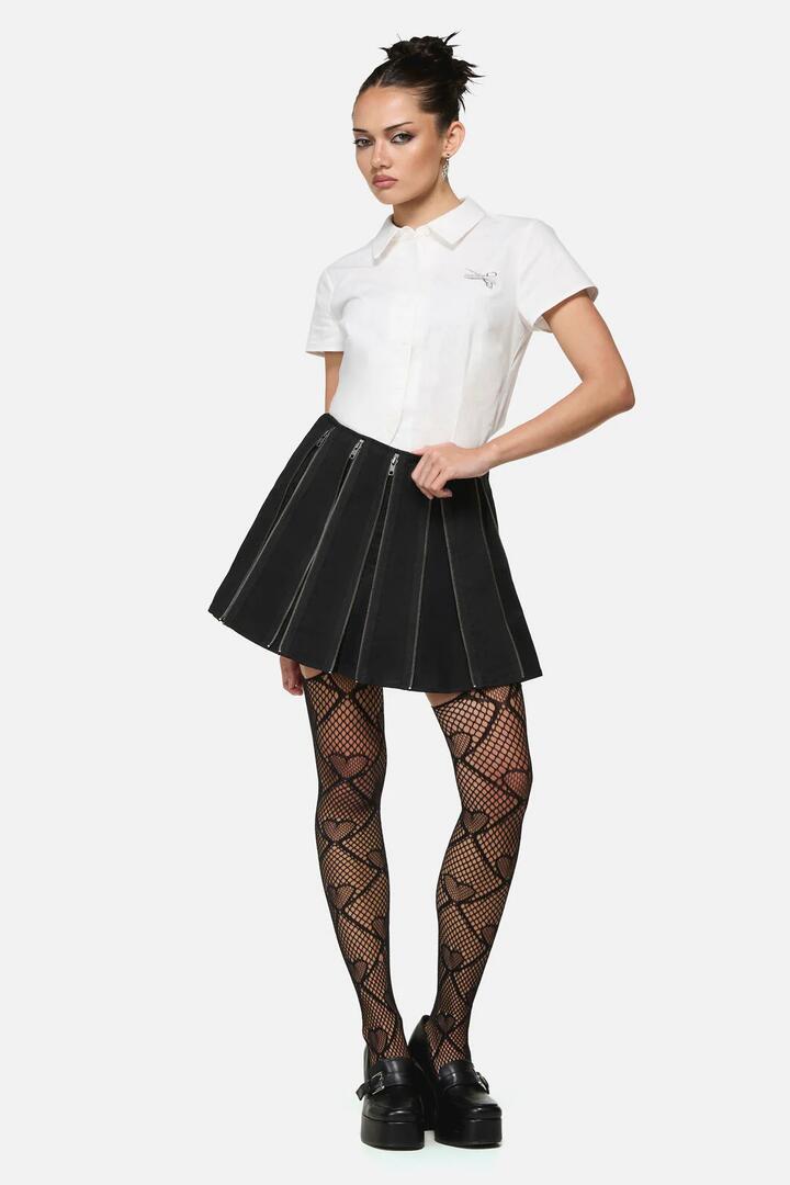 Image of a model wearing Skirts. Productname: Barbaric Goth Zip Skort in Black colour by brand - Black Friday