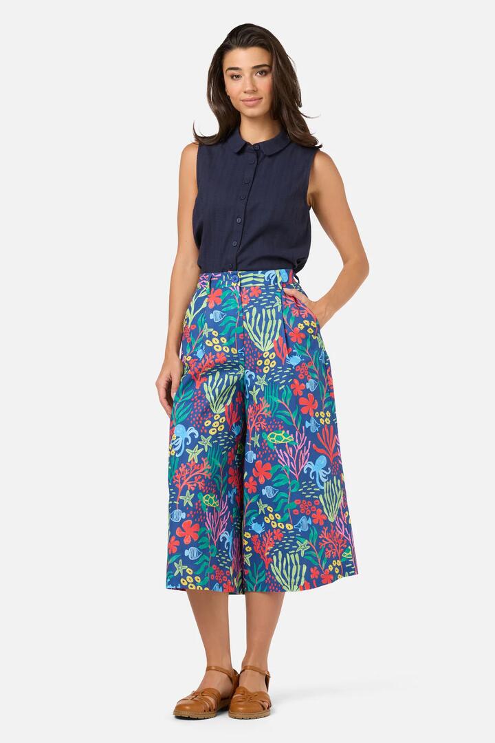 Image of a model wearing Pants. Product name - Coral Reef Culotte in Blue colour by brand - Princess Highway
