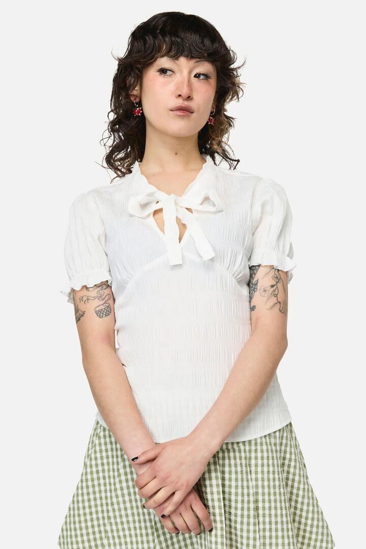 Image of Blouses. Product name - Naiad Pond Tie Blouse in Cream colour by brand - Dangerfield