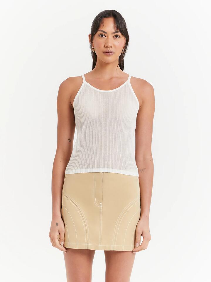 Image of a model wearing Tops. Productname: Beyond Her Adelaide Sheer Tank Top in Off White colour by brand - Beyond Her