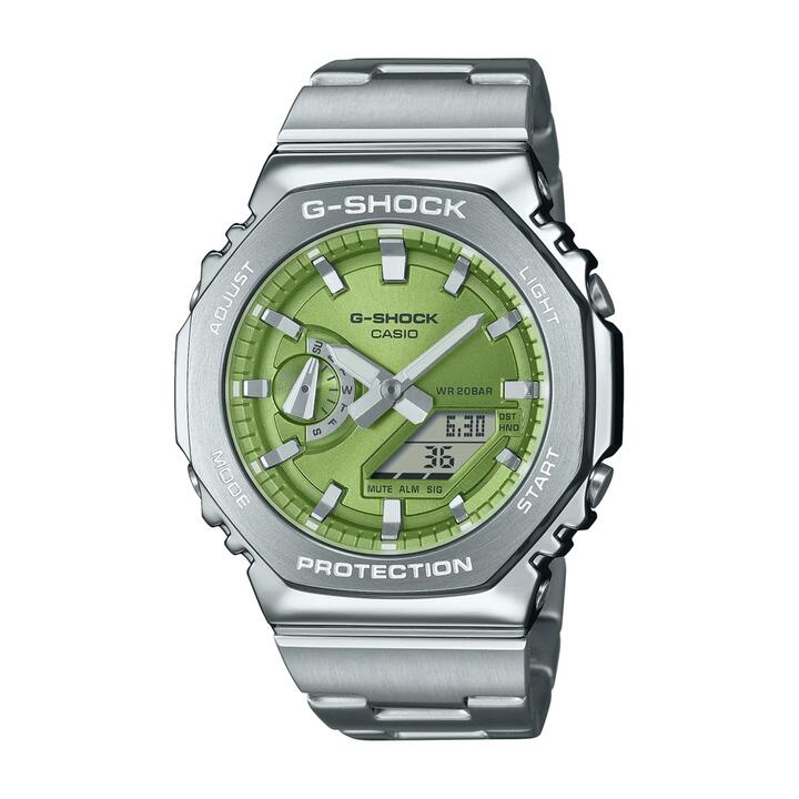 Image of Watches. Productname: Casio G-Shock G Steel Silver and Green Digital Watch GM2110D-3A in Watch colour by brand - Casio G Shock