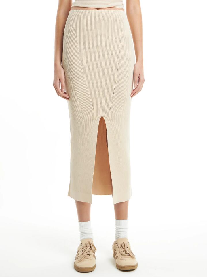 Image of a model wearing Skirts. Productname: First Mse Rane Knit Skirt in Stone colour by brand - First Mse