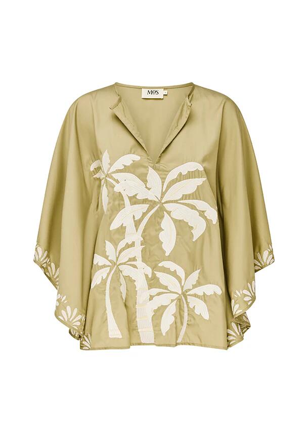 Image of a model wearing Tops. Productname: Kala Embroidery Top | MOS The Label in Olive colour by brand - MOS The Label